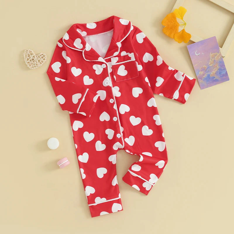 0-24m Baby Pajamas Jumpsuits Heart Print Lapel Button Up Girls Sleepwear