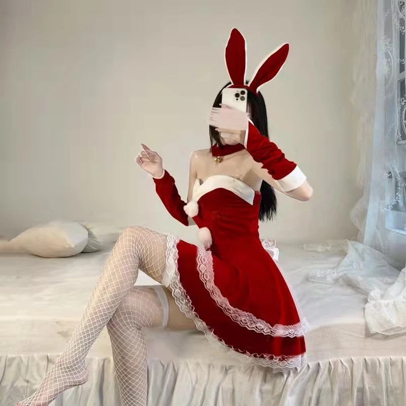 New Christmas Cosplay Costume Lady Santa Claus Velvet Dress Sexy Lingerie