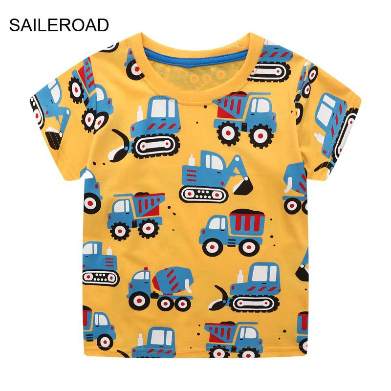 SAILEROAD 2024 Summer Yellow T Shirt Cotton Short Sleeve Cartoon Excavator