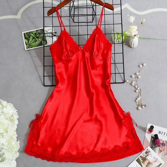 Women's Satin Nightgown Night Dress Women Sexy Sleepwear Lace Summer Nightdress