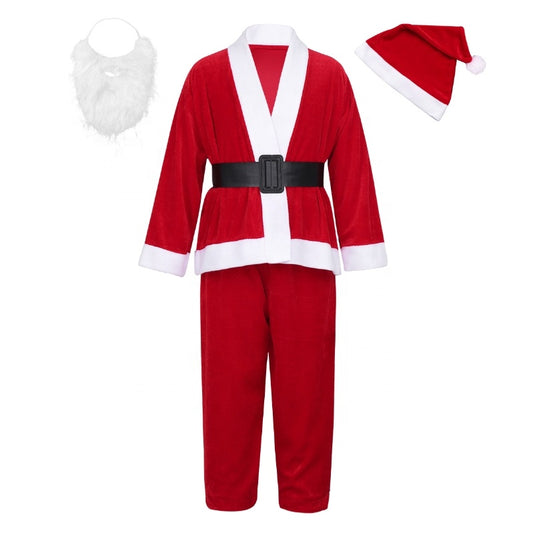 3-14  Boys Christmas Outfit Long Sleeves Tops With Hat Beard Trousers Belt