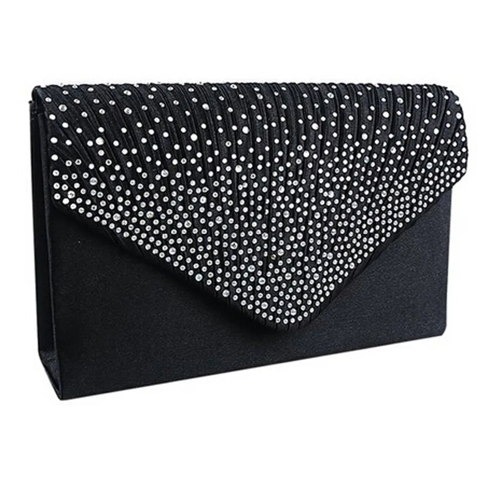 Ladies Satin Clutches Evening Bags Crystal Bling Handbags Wedding Party Purse