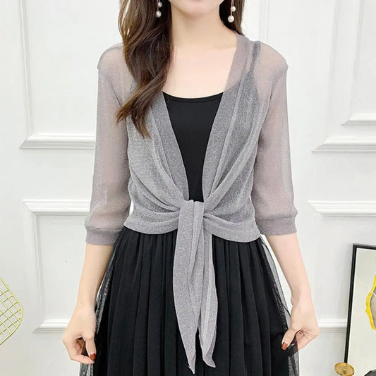 Stylish Jacket Cardigan  Half Sleeve Front Lace-Up Summer Coat