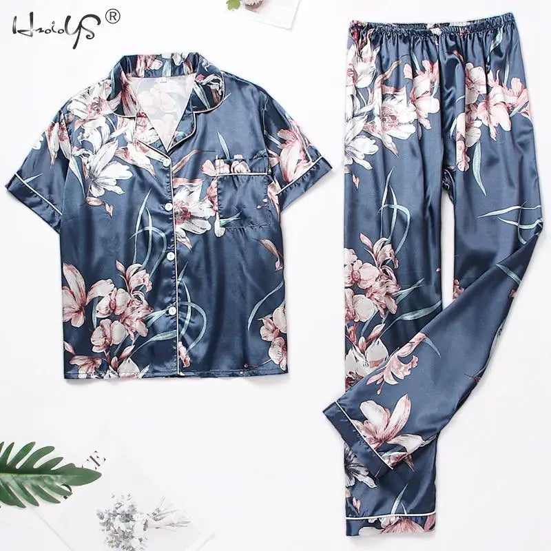 Pyjama Femme 2 Piece Set Women's Short Sleeve Pajamas Autumn Satin Silk