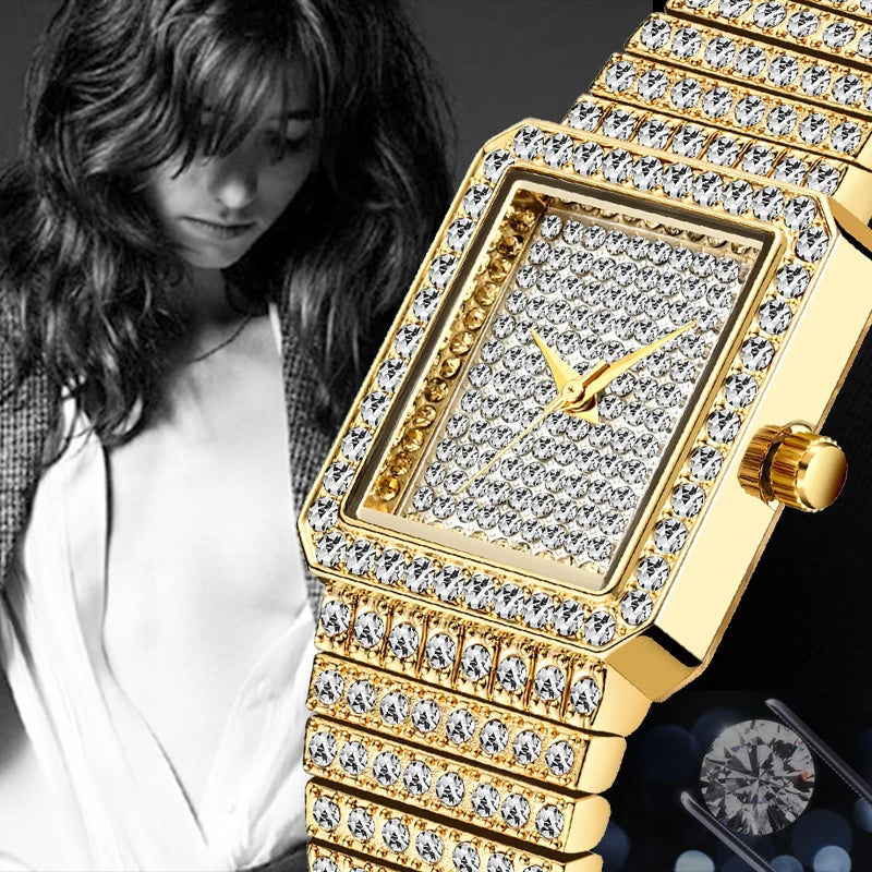 MISSFOX Diamond Watch for Women Luxury Brand Ladies Gold Square Watch