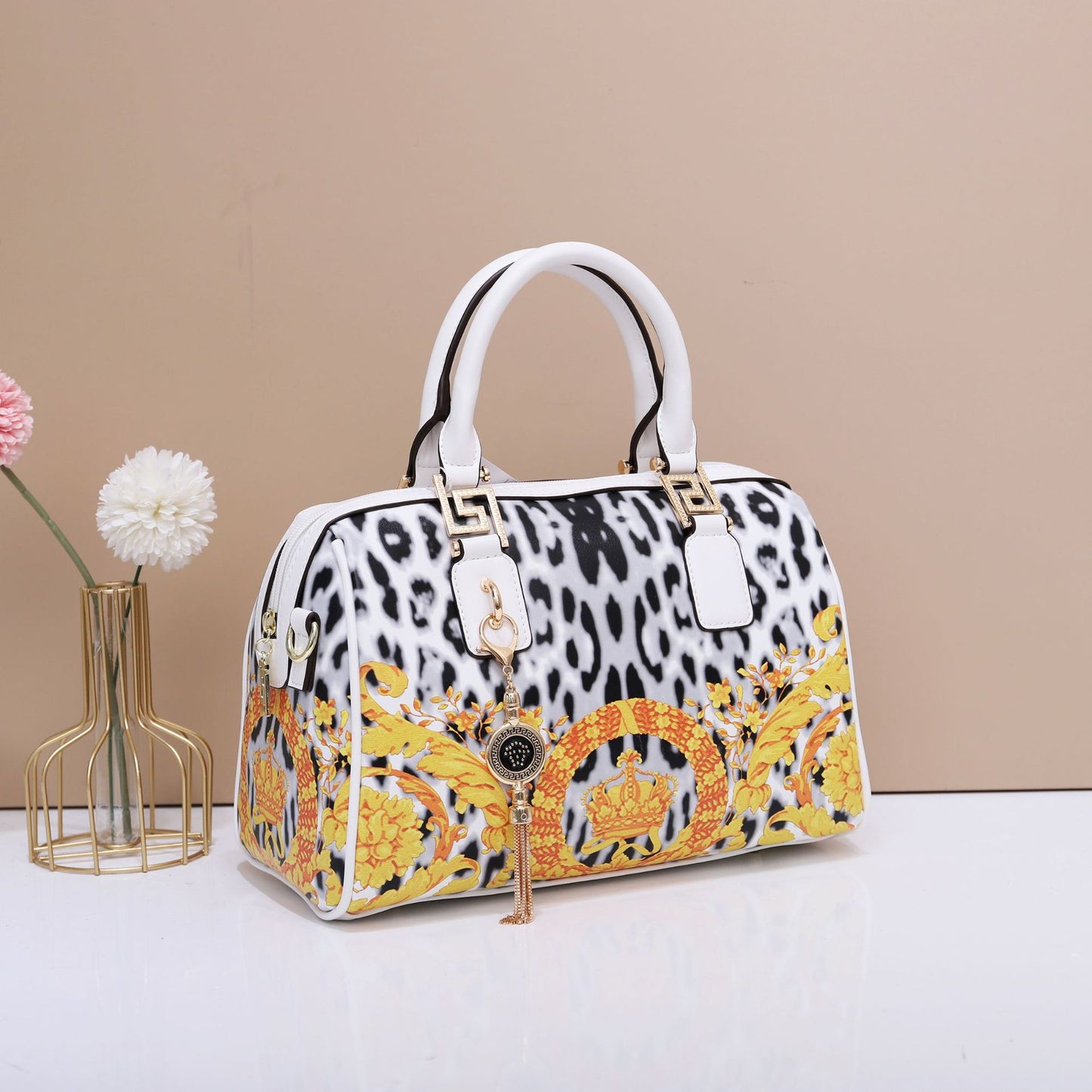 Famous Brand Top Quality Leather Leopard Print Boston Bags Women Genuine Leather