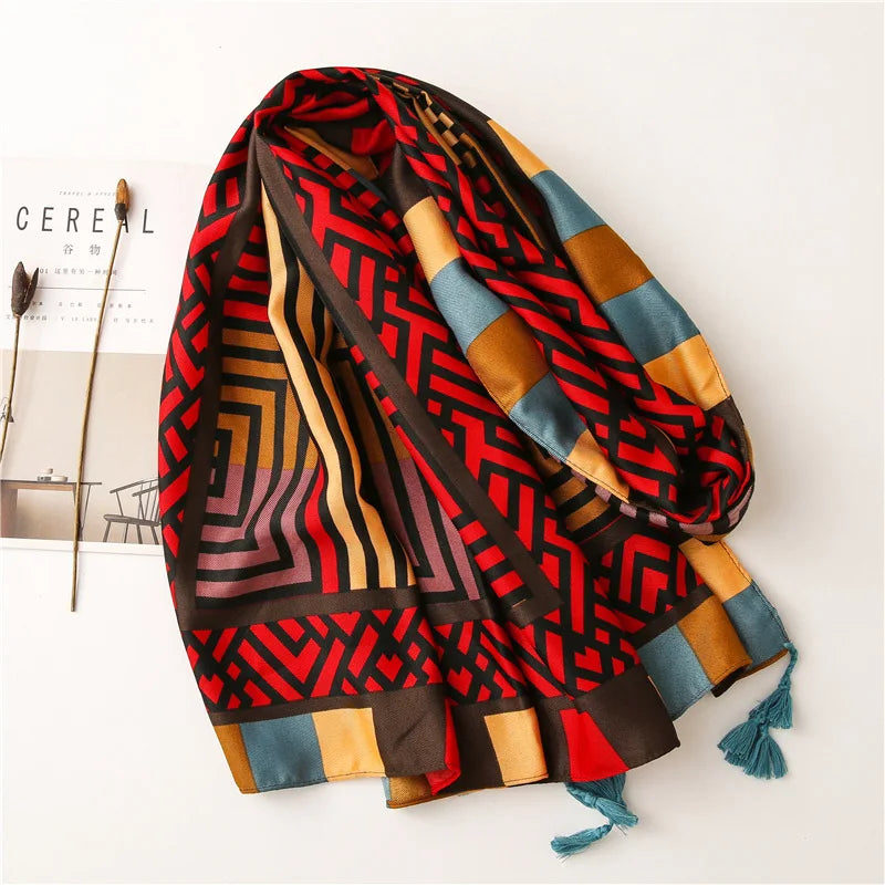 Fashion Luxury Brand Paisley Striped Line Tassel Viscose Scarf Women