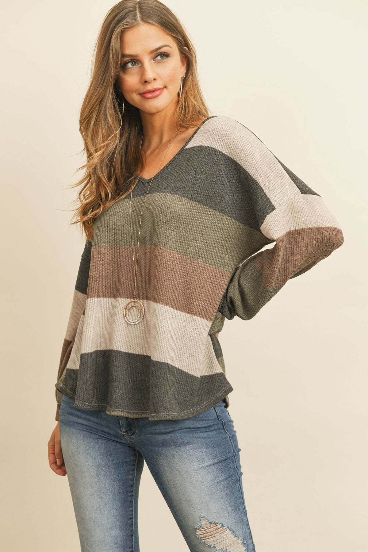 Rib Multicolor Stripes V-Neck Puff Sleeves Top