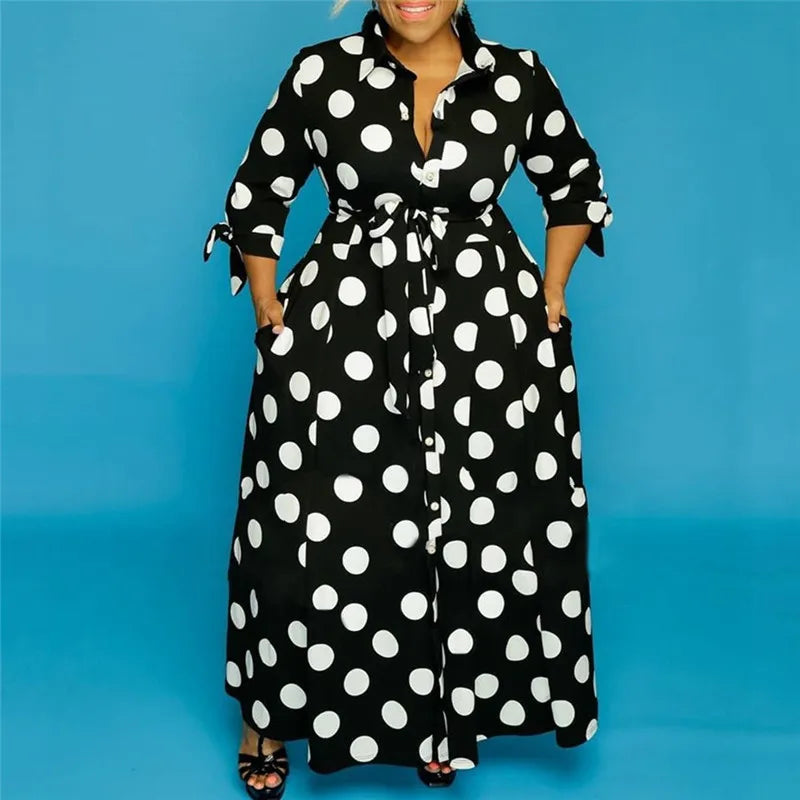 Women Dress Plus Size XL-5XL Elegant Maxi Dress Polka Dot Printed Office Lady