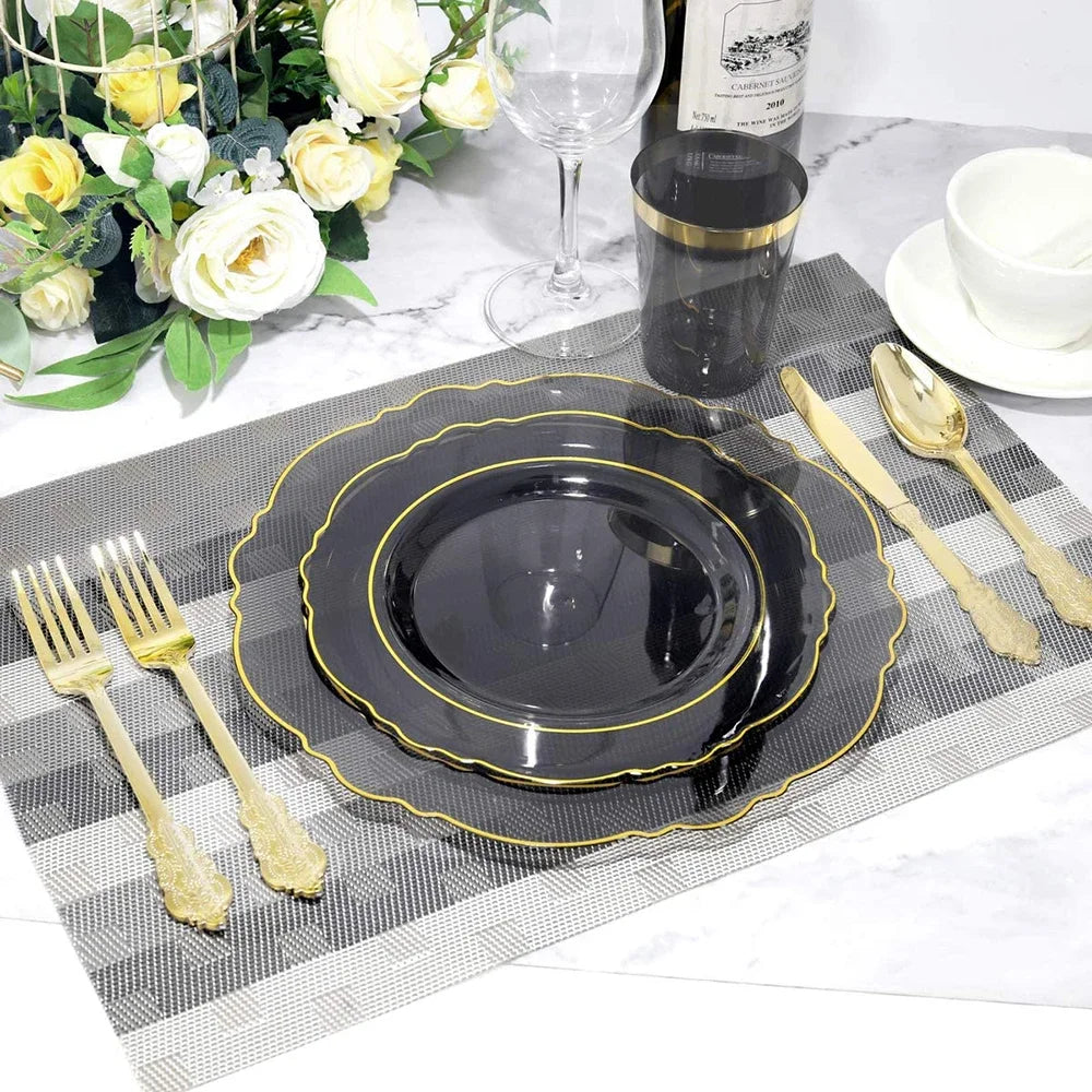 60-Piece Disposable Party Tableware Set Baroque Black Plastic Tray