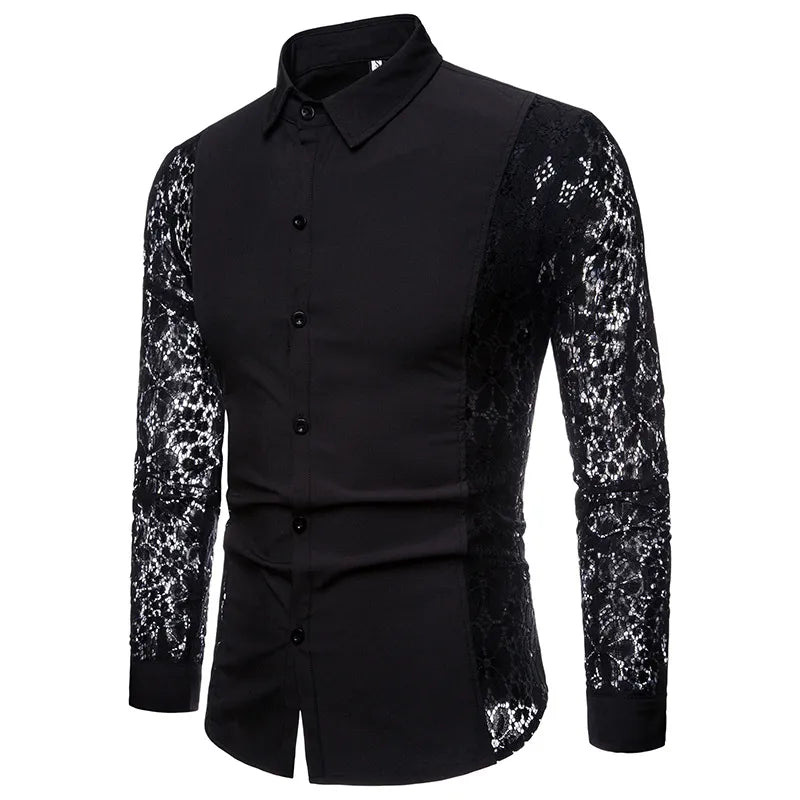 Mens Flower Patchwork Embroidery Lace Shirt Fashion Transparent Shirts