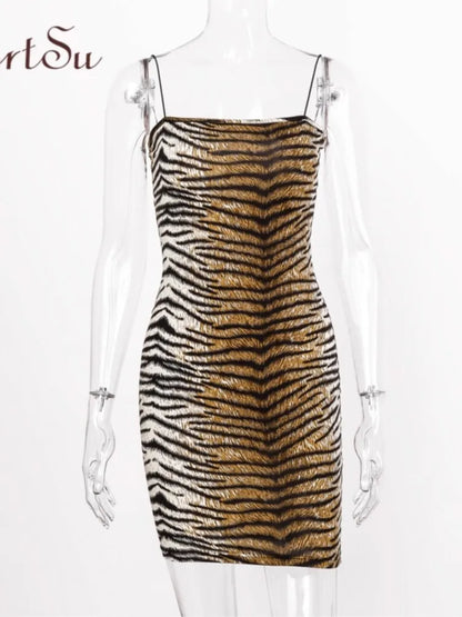 Artsu Leopard Print Spaghetti Straps Mini Dresse Bodycon Tiger Print Sexy