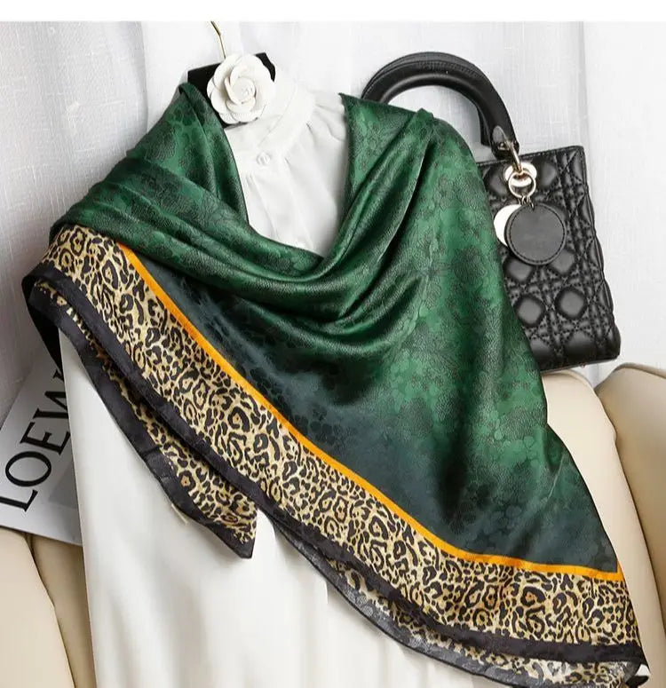 2023 Spain Fashion 90*90cm Square Women Dark Green Leopard Floral Silk Shawl