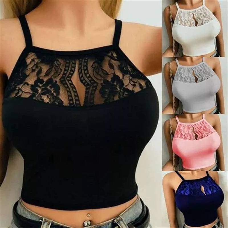 Summer Fashion Black Crop Top Women Lace Halter Top Womens Clothing Cami Tank