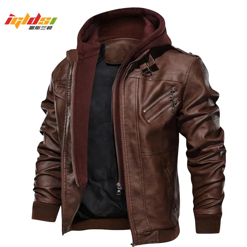 Men's Autumn Winter Motorcycle Leather Jacket Windbreaker Hooded Jackets