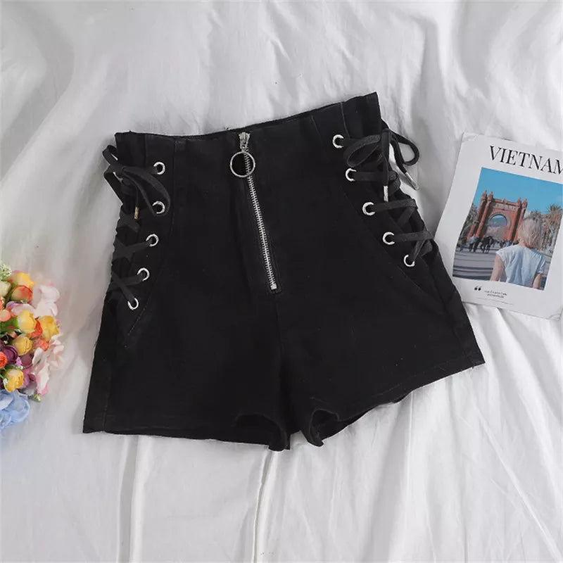 Spring Autumn Women Jeans Shorts Tie High Waist Denim Shorts