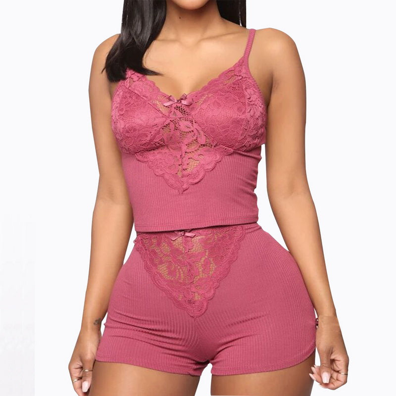 Sleeveless Ribbed Nightwear 2 Piece Lace Sleepwear Pajamas Womens