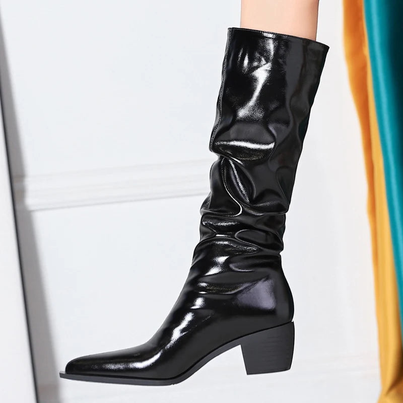 BIGTREE Shoes Patent Leather Women Knee-High Boots Thick Heel Women Boots