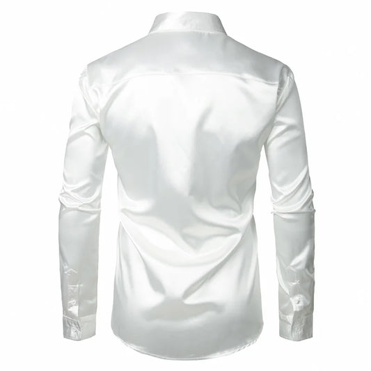 Stylish White Silk Satin Shirt Men Chemise Homme Casual Long Sleeve Slim Fit