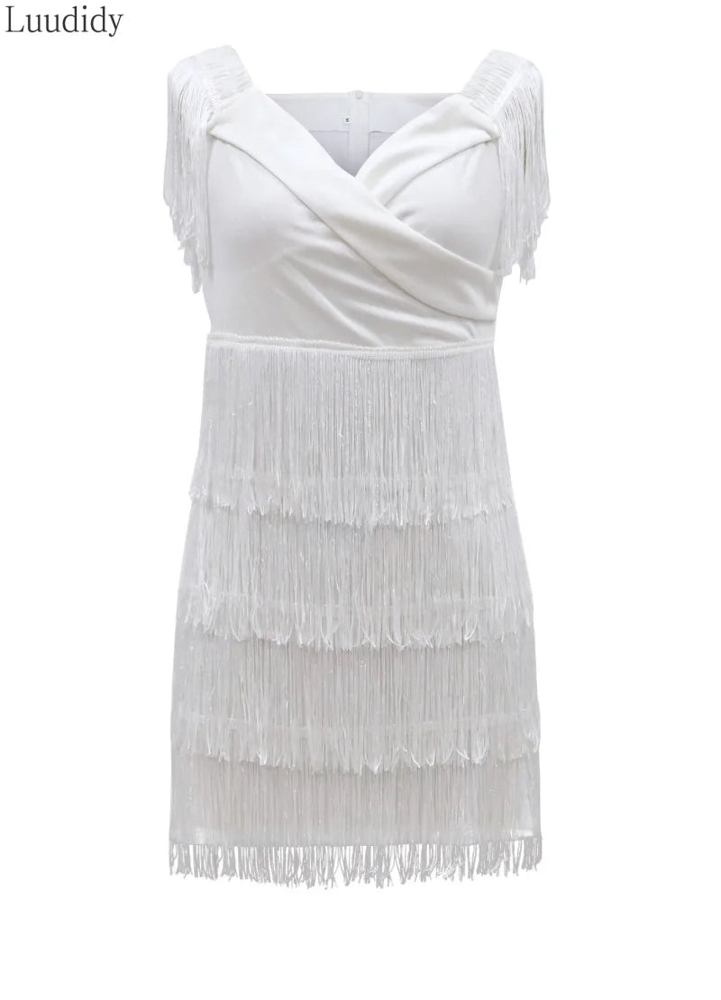 White Fringe Celebrity Evening Runway Party Dress Women Sexy Tassels