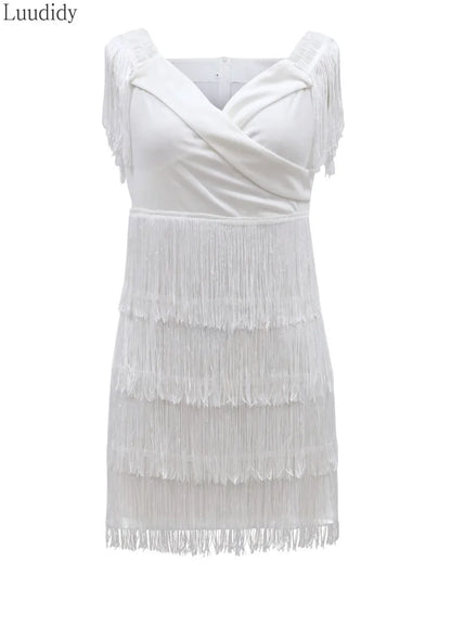 White Fringe Celebrity Evening Runway Party Dress Women Sexy Tassels