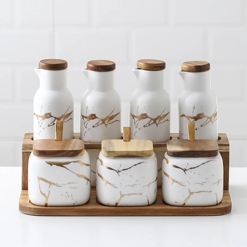 Matte Marble Pattern Ceramic Kitchen Spice Jar Oil Set Wooden Cover Salt Shaker