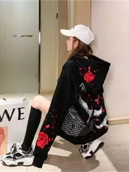 White Female Loose Sweatshirts Long Sleeve Cute Bird Print Harajuku Hoodie