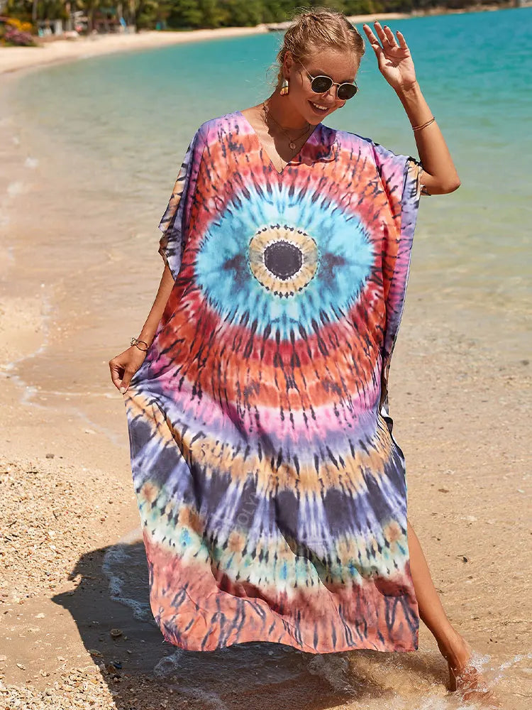 2023 Multicolored Kaftan Bohemian Printed V-Neck Batwing