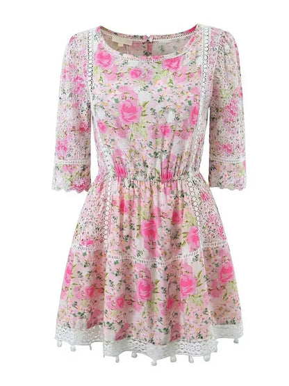 Boho Inspired Pink Floral Cotton Mini Dress Women