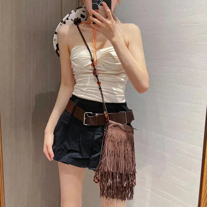 Frosted PU Leather Fringe Tassel Original Bohemian Bag Beads Bags Women's