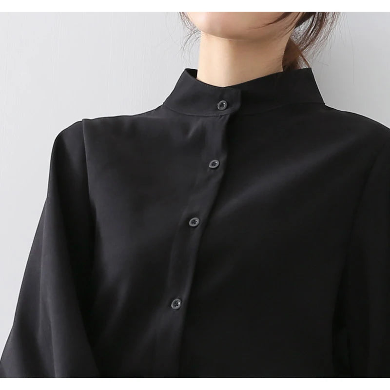 Big Lantern Sleeve Blouse Women Autumn Winter Single Breasted Stand Collar