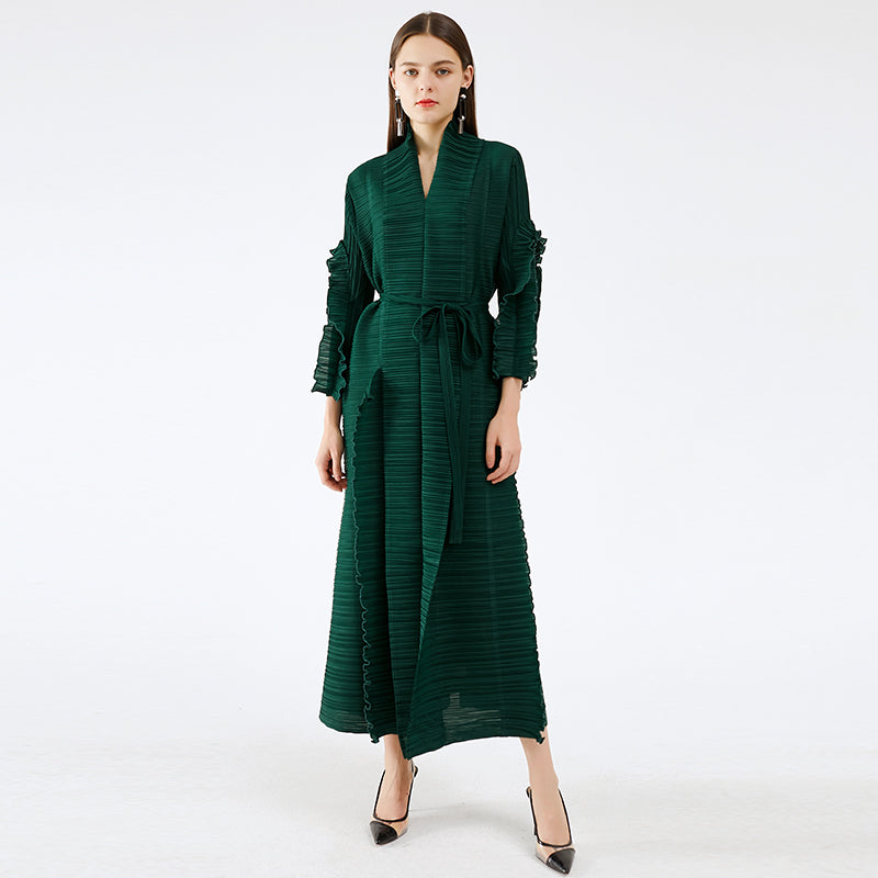 Miyake Pleated Long Petal Sleeve Dress Lapel Cardigan Sashes