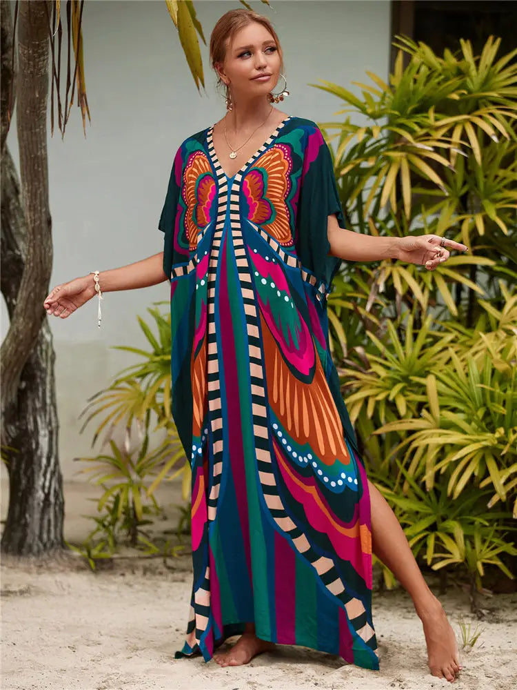 2023 Multicolored Kaftan Bohemian Printed V-Neck Batwing