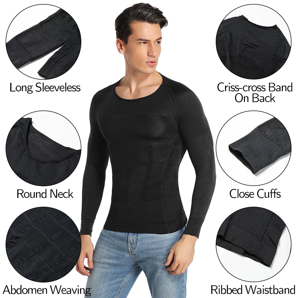 Men Body Shaper Long Sleeve Compression Shirts Winter Base Layer T-Shirt