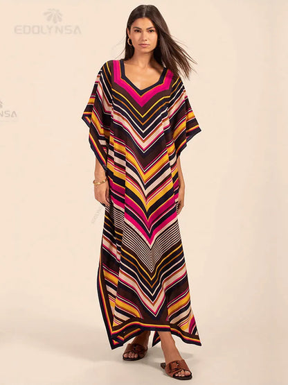 2023 Elegant Striped Kaftan V-Neck Half Sleeve Maxi Dress