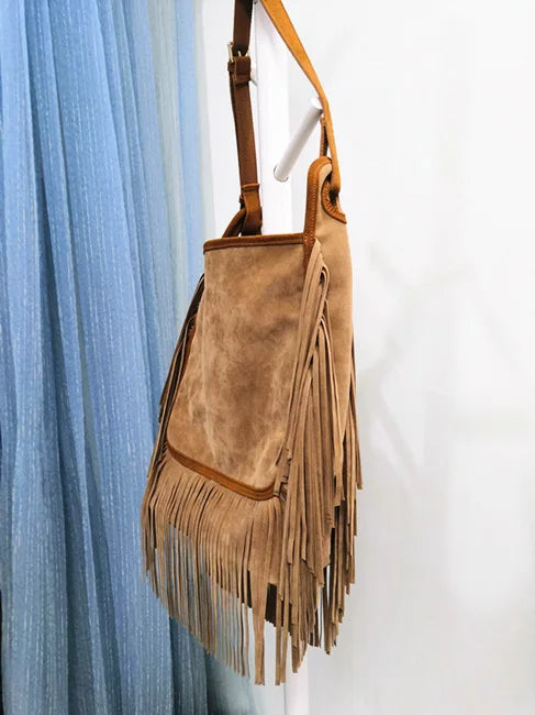 Women Fashion Leather Fringes Hobo Shoulder Bag 2024 Female Casual Suede Big