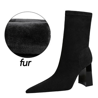 Autumn Winter Boots Women High Heel Boots Suede Thick Heel Ankle Pointed Boots