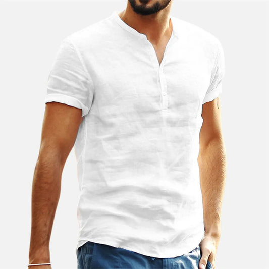 2024 New Men's Standing Collar Cotton Linen Short Sleeved Shirt