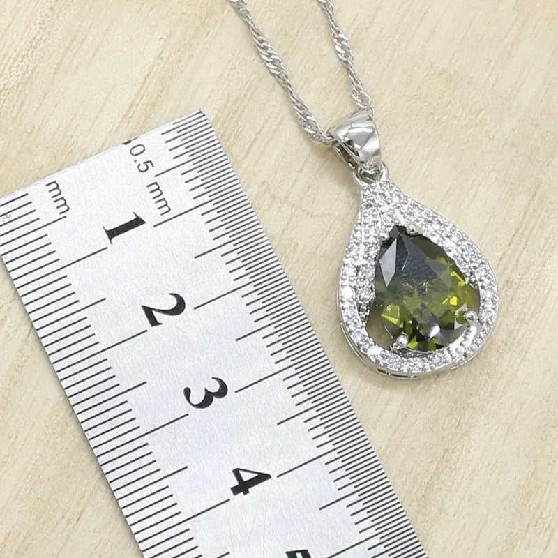 New Green Peridot Zircon Silver 925 Jewelry Set Women  Earrings Necklace