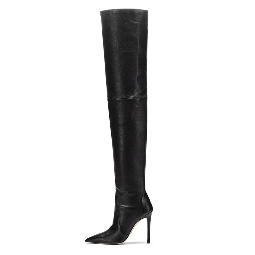 Long Boot Winter Shoes 2022 Black PU Pointed Toe Women High Heel Knee High Boots