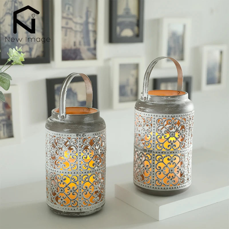 2Pcs Vintage Metal Candle Holders With Flameless LED 8 Inch Hanging Candleholder