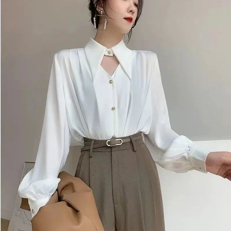 2023 Spring Shirt Elegant OL Chic Turn-Down Collar Long Sleeve