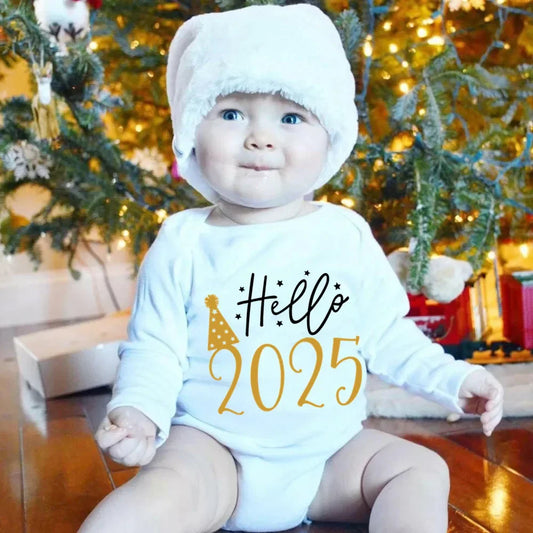 Hello 2025 Newborn Baby Bodysuit Baby Boys Girl Ropa Clothes New Year Gift