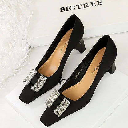 BIGTREE Shoes Square Head Women Pumps Rhinestone Kitten Heels High Heels Shoes