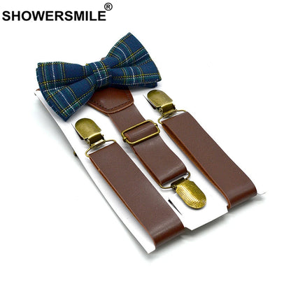 SHOWERSMILE Kids Suspenders With Bow Tie Leather British Style Boys Suspenders