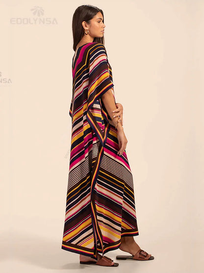 2023 Elegant Striped Kaftan V-Neck Half Sleeve Maxi Dress