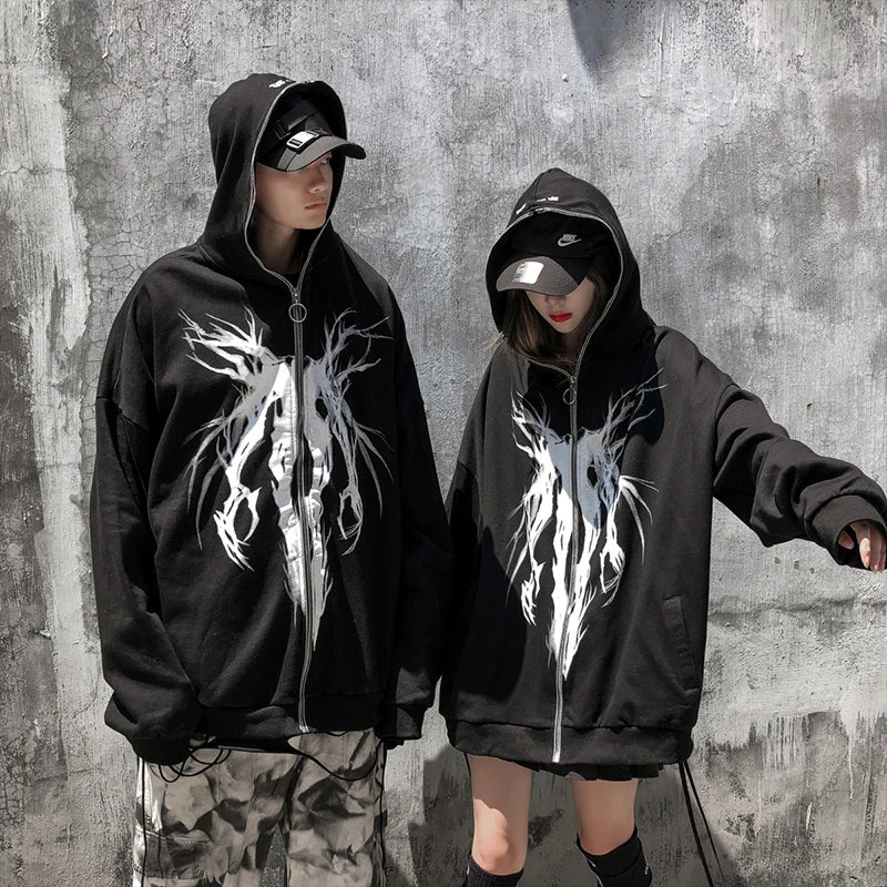 Aolamegs Punk Graphic Print Zipper Ribbon Hooded Hoodie Men Casual Black Cool