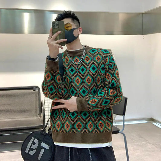 Man Clothes Graphic Crewneck Knitted Sweaters for Men Round Collar Argyle