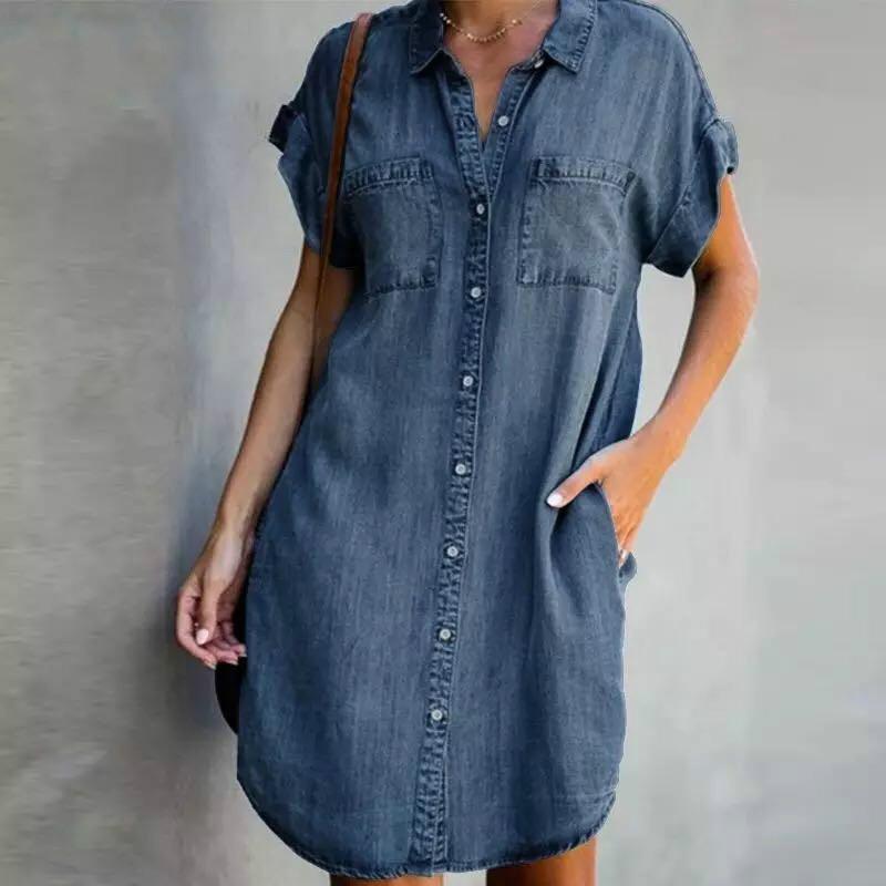 New Short Sleeved Slim Short Dress Women Washed Denim Dress