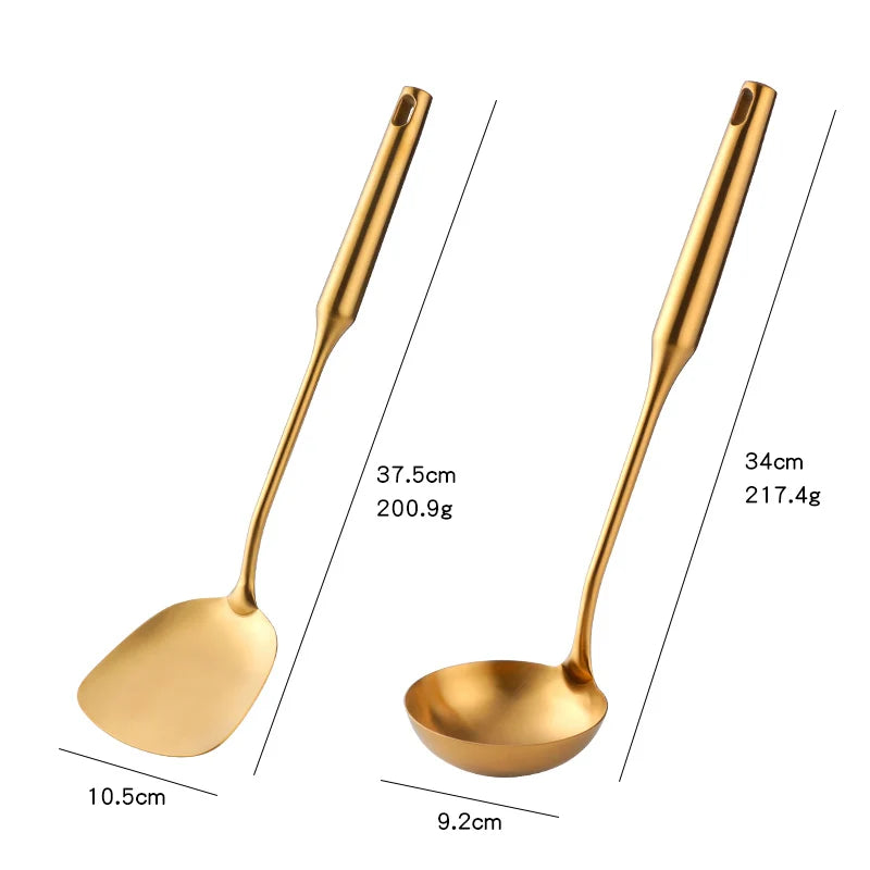 1-10pcs Stainless Steel CookwarLong Handle Set Gold Cooking Utensils Scoop Spoon